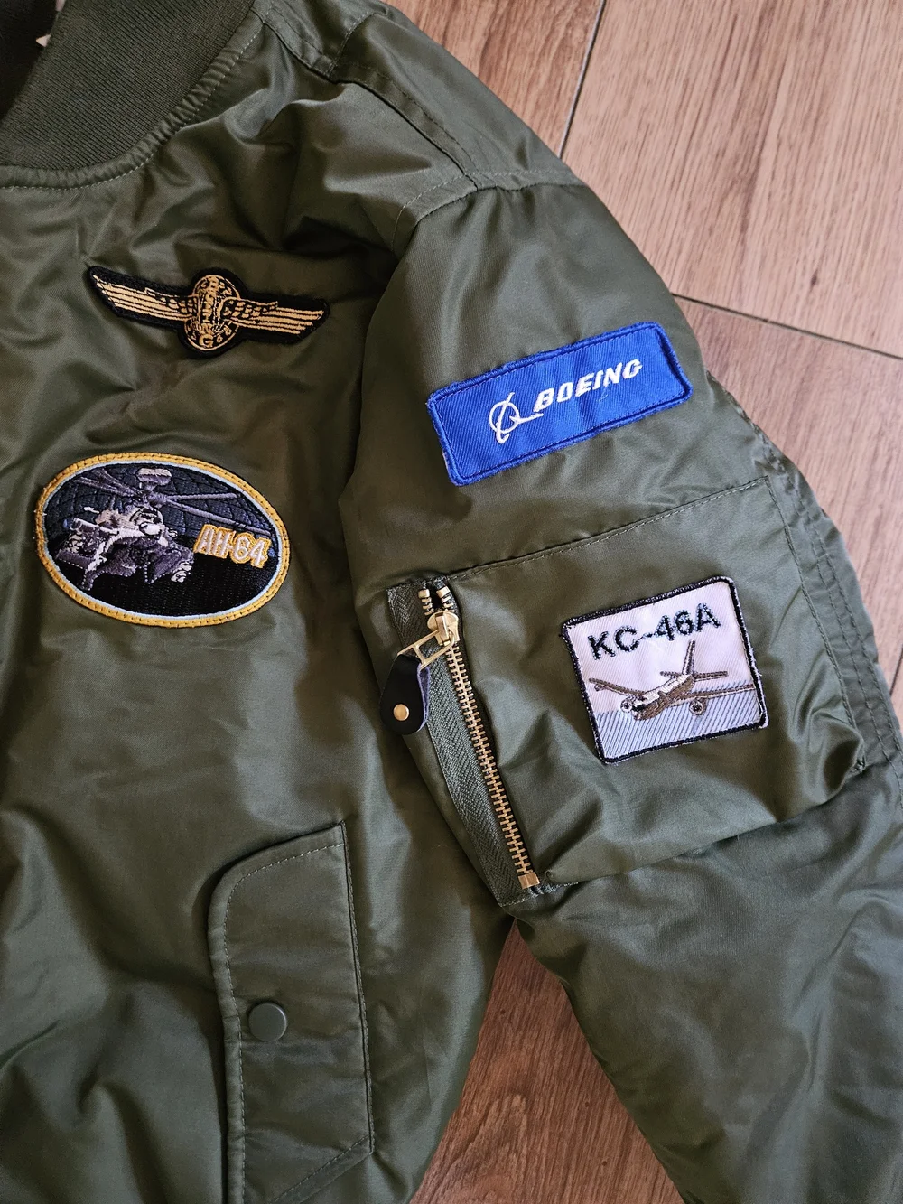 Olive Green BOEING Boys M 10/12 Bomber Jacket with Aviation Patches